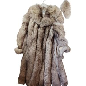 Vintage Eaton Real Fur Coat Long Grey Tan Oversized Collar For Repair Upcycle